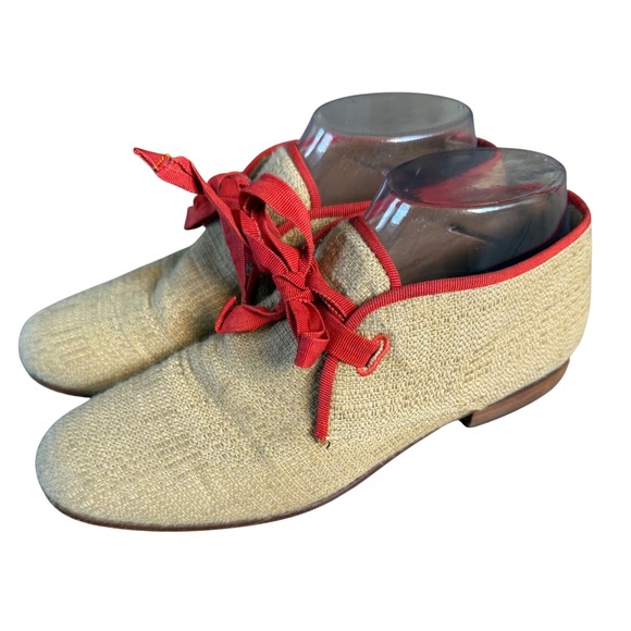 Stubbs & Wootton Shoes - Stubbs‎ & Wootton Beige Linen Smoking Flats
Red Ribbon Lace Preppy Chic Size 7.5